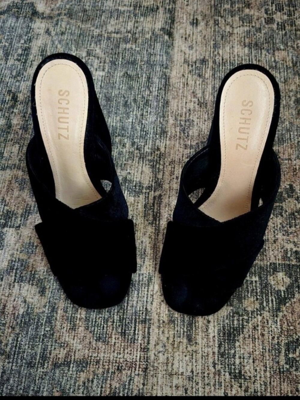 Nwot "SCHUTZ" Black Suede Crisscross Block Heel Mules